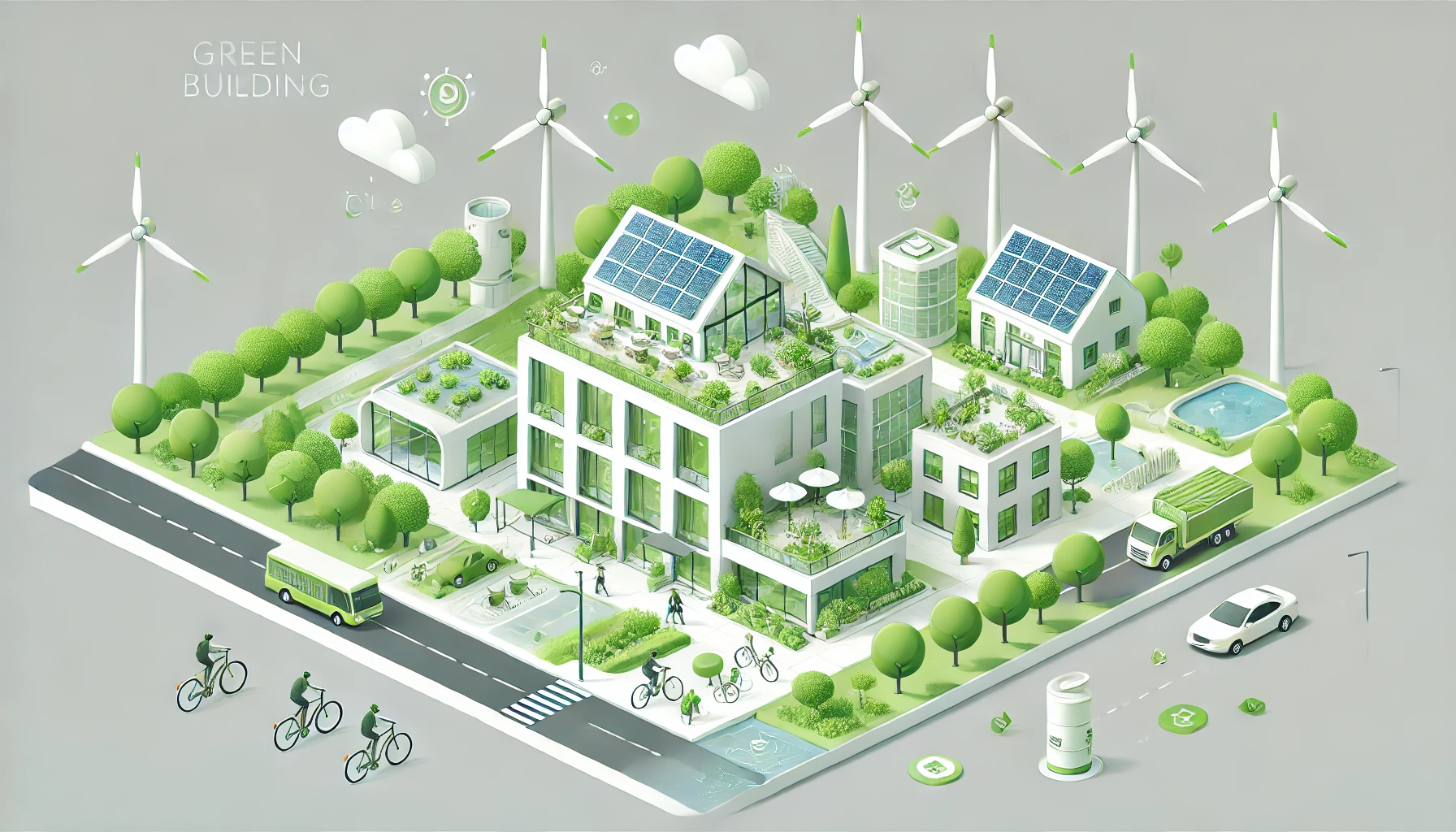 Ilustrasi konsep green building dengan integrasi elemen-elemen ramah lingkungan