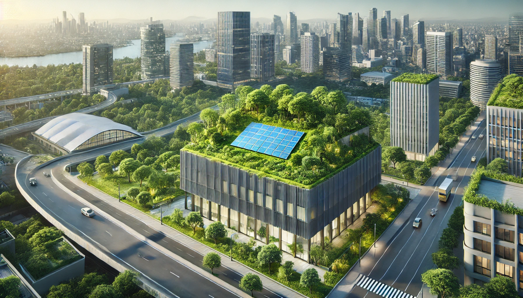 Green roof atau atap hijau pada gedung modern, mengurangi efek urban heat island dan meningkatkan efisiensi energi